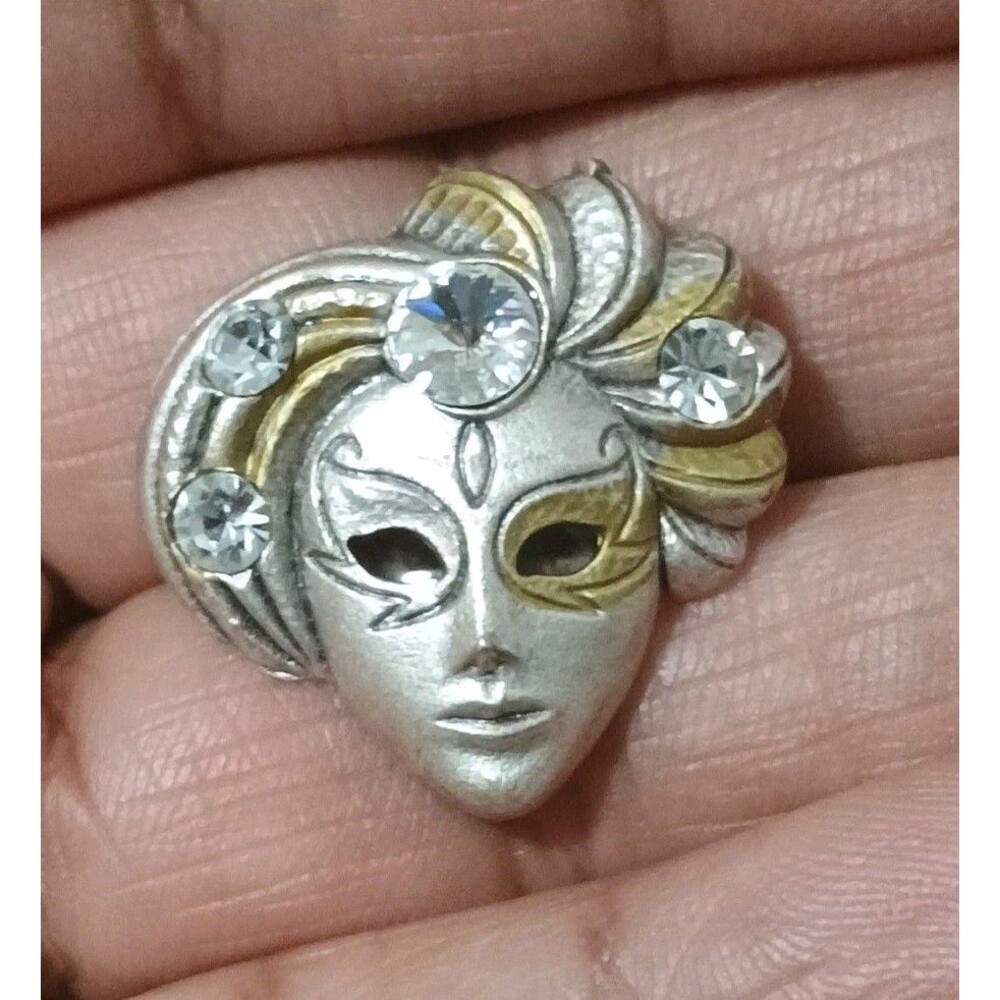 Art Deco Venetian Mask Mardi Gras Rhinestone Silver Gold Tone Vintage Pin